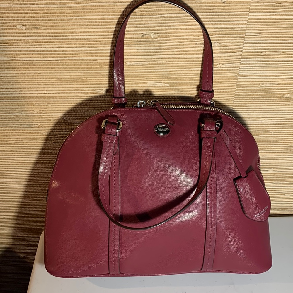 Coach Peyton Leather Cora Domed Satchel Silver/Raspberry Pink Color